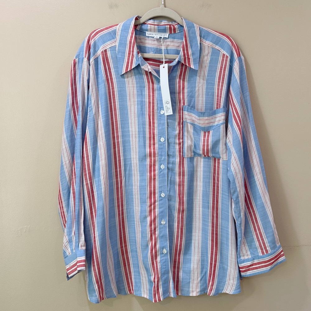 Jane And Delancey Shirt Red White Blue Multi Stripe Button Up Womens Plus 2X NWT